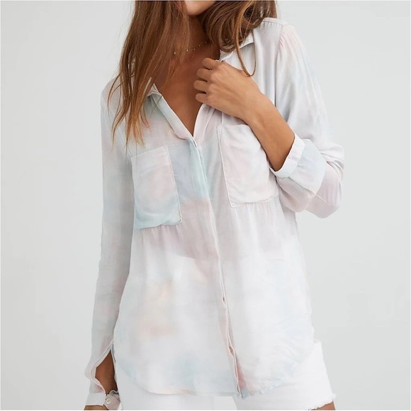 BELLA Dahl Long Sleeve Full Button Down Hipster Shirt Peach Fresco Block Print - Picture 3 of 16